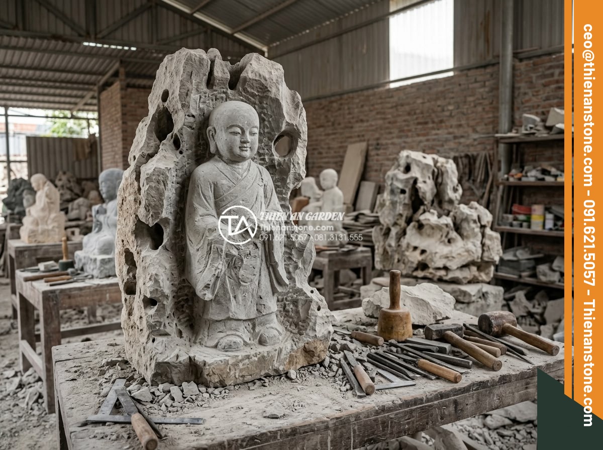 Địa chỉ mua tiểu cảnh chú tiểu uy tín, chất lượng đá tự nhiên 100% - Professional workshop interior showing skilled artisans hand-carving a large chú