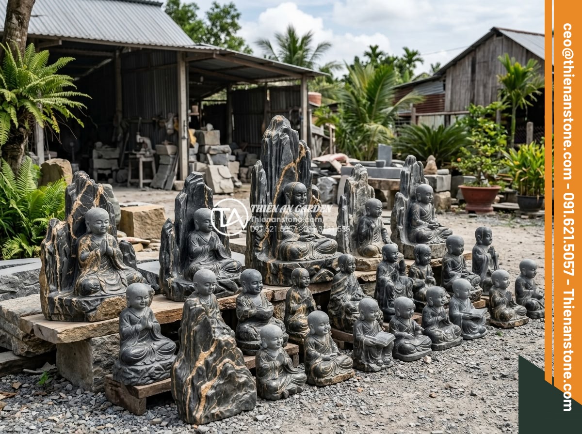 Địa chỉ mua tiểu cảnh chú tiểu uy tín, chất lượng đá tự nhiên 100% - Exterior view of Đá Cảnh Thiên An stone workshop and showroom displaying various