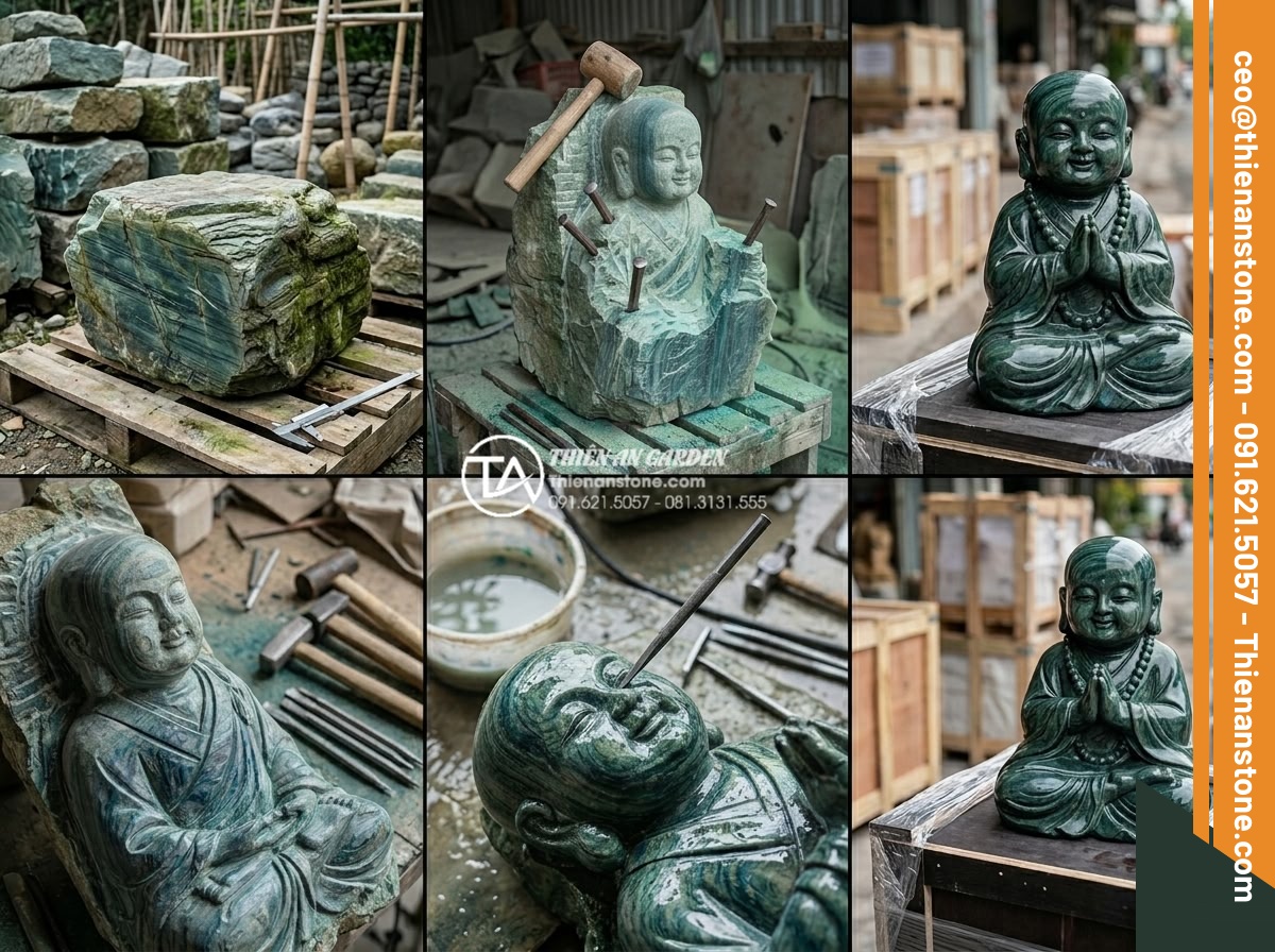Địa chỉ mua tiểu cảnh chú tiểu uy tín, chất lượng đá tự nhiên 100% - Step-by-step process collage showing raw stone block selection carving rough sha