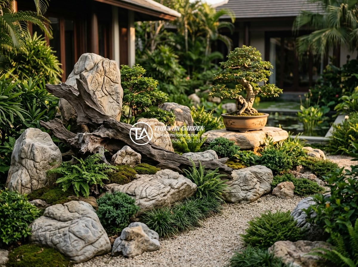 Giải pháp thiết kế tiểu cảnh gỗ lũa sân vườn cho biệt thự và nhà phố - Hình 10 Giải pháp thiết kế tiểu cảnh gỗ lũa sân vườn cho biệt thự và nhà phố - Completed luxury garden project photo after professional installation of driftwo
