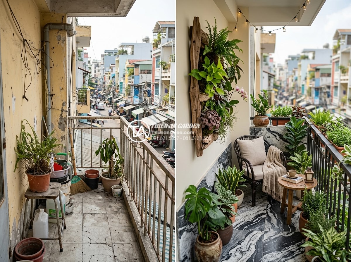 Giải pháp thiết kế tiểu cảnh gỗ lũa sân vườn cho biệt thự và nhà phố - Hình 13 Giải pháp thiết kế tiểu cảnh gỗ lũa sân vườn cho biệt thự và nhà phố - Compact urban townhouse balcony transformation realistic photo: small driftwood