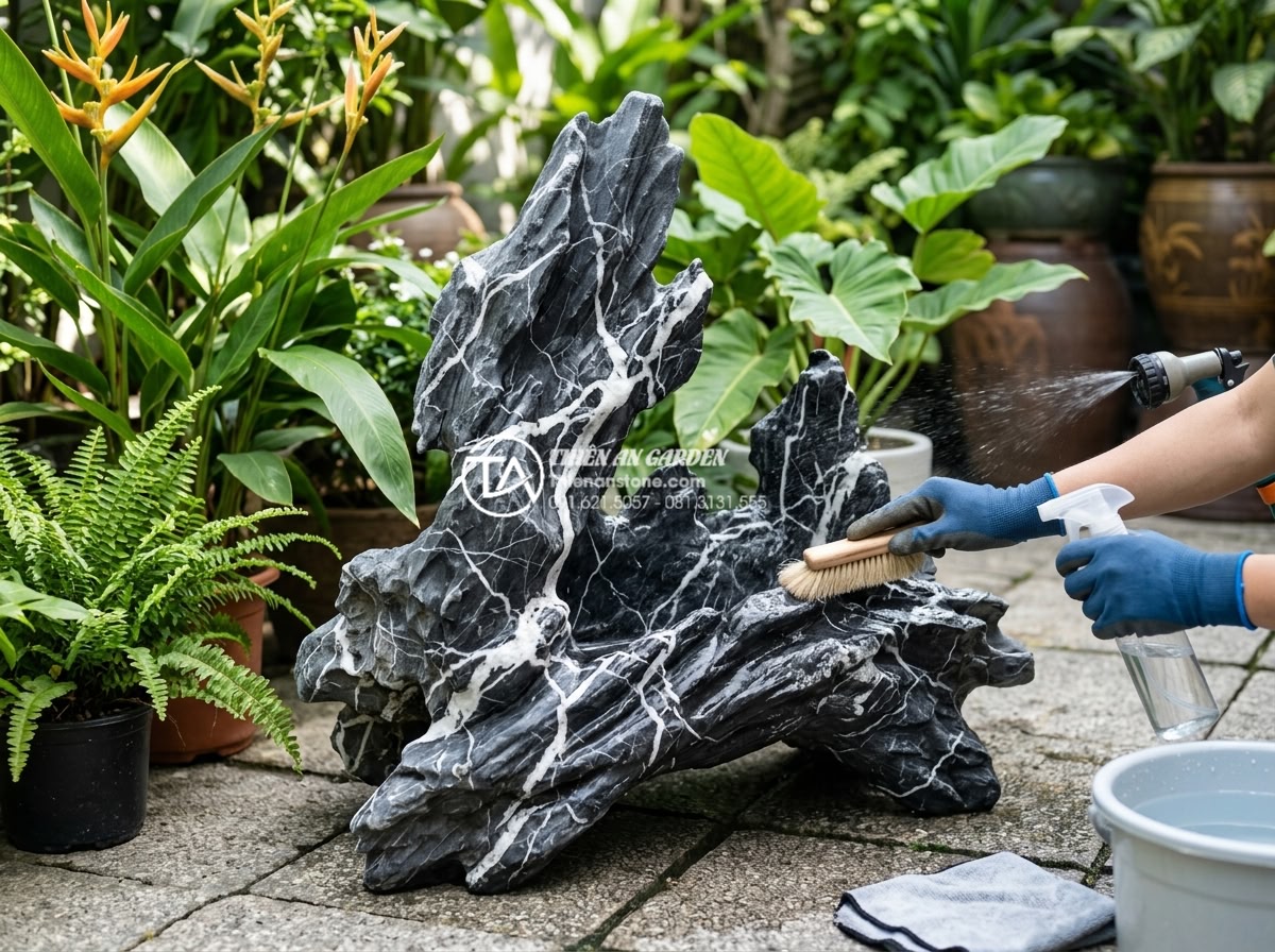 Giải pháp thiết kế tiểu cảnh gỗ lũa sân vườn cho biệt thự và nhà phố - Hình 15 Giải pháp thiết kế tiểu cảnh gỗ lũa sân vườn cho biệt thự và nhà phố - Maintenance tutorial style professional image showing person gently cleaning dri