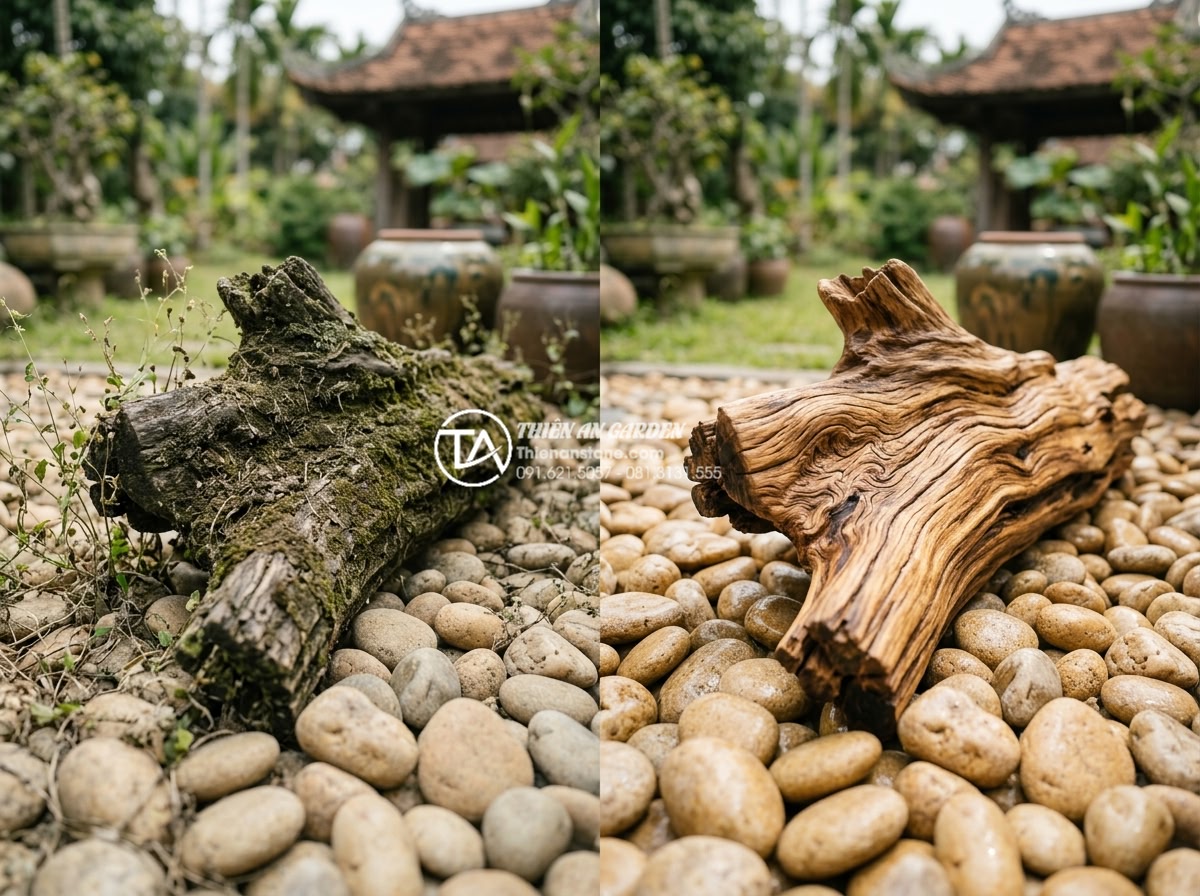 Giải pháp thiết kế tiểu cảnh gỗ lũa sân vườn cho biệt thự và nhà phố - Hình 16 Giải pháp thiết kế tiểu cảnh gỗ lũa sân vườn cho biệt thự và nhà phố - Before and after cleaning comparison of driftwood landscape element: dirty moss