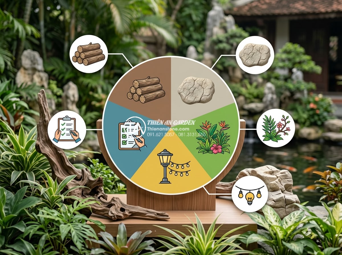 Giải pháp thiết kế tiểu cảnh gỗ lũa sân vườn cho biệt thự và nhà phố - Hình 17 Giải pháp thiết kế tiểu cảnh gỗ lũa sân vườn cho biệt thự và nhà phố - Professional infographic style image showing cost breakdown pie chart for driftw