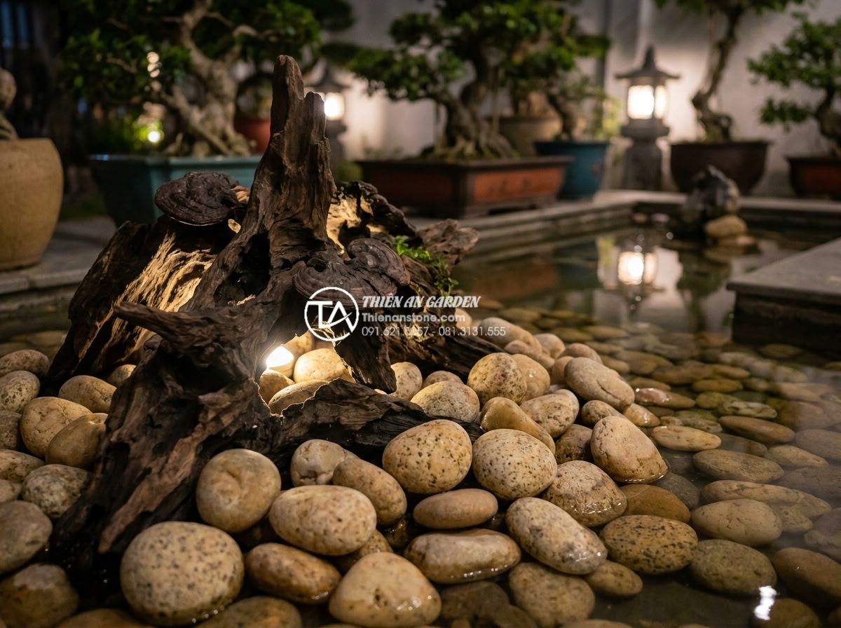 Gỗ lũa Linh Chi là gì? Ứng dụng trong tiểu cảnh đá mỹ nghệ - Elegant night view of Linh Chi driftwood miniature scene illuminated softly to e