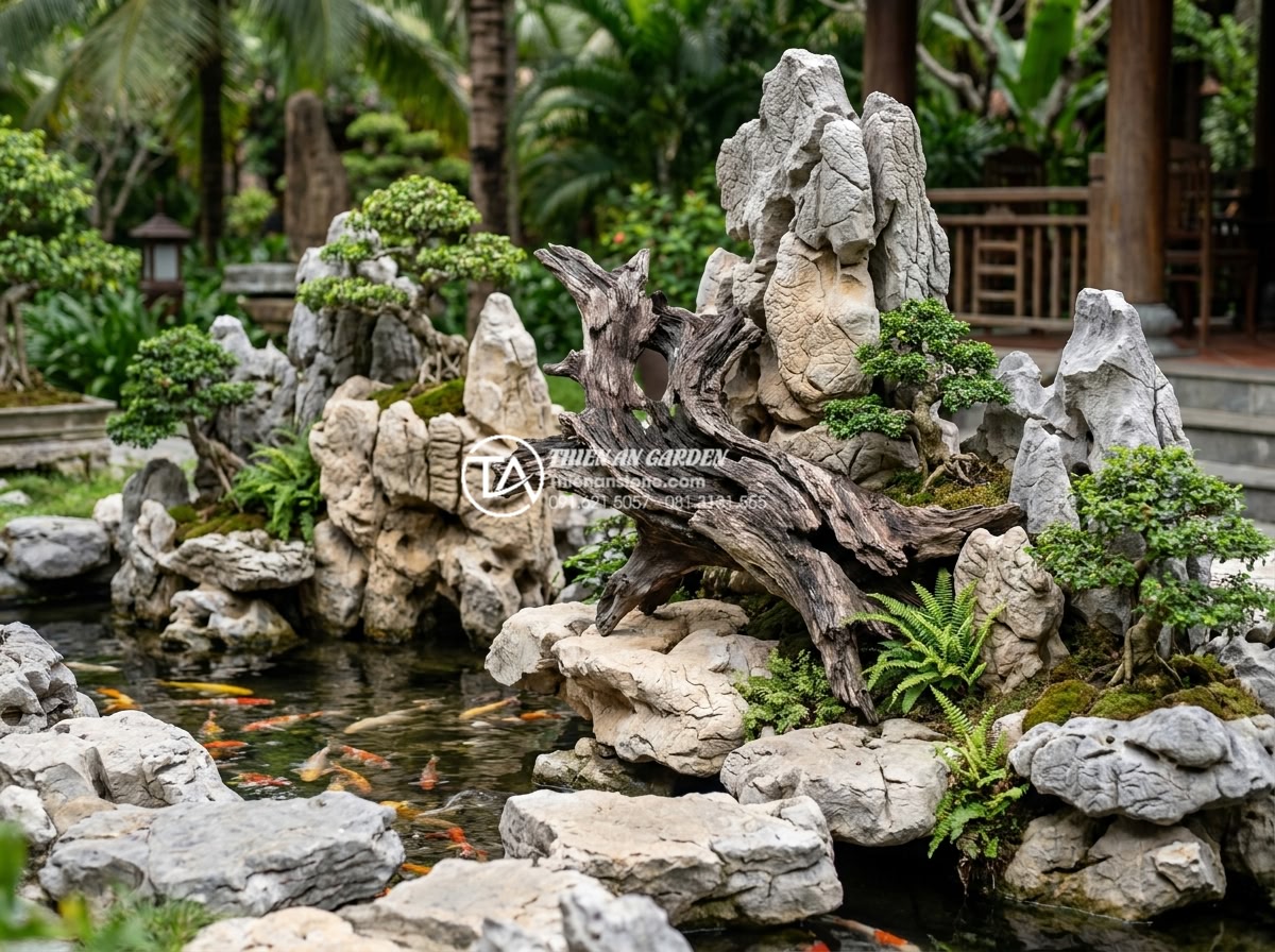 Gỗ lũa Linh Chi là gì? Ứng dụng trong tiểu cảnh đá mỹ nghệ - Realistic application photo of Linh Chi driftwood as central focal point in elab