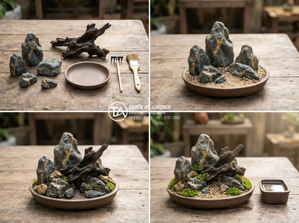 Gỗ lũa Linh Chi là gì? Ứng dụng trong tiểu cảnh đá mỹ nghệ - Step-by-step construction process of designing a miniature stone landscape using