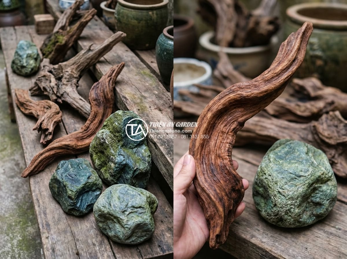 Gỗ lũa Linh Chi là gì? Ứng dụng trong tiểu cảnh đá mỹ nghệ - Guide image showing how to inspect and select high-quality Linh Chi driftwood pi