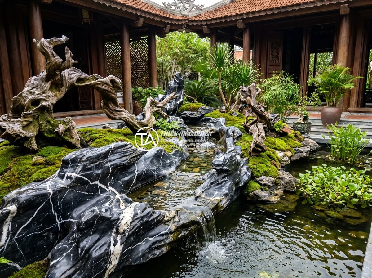 Gỗ lũa Linh Chi là gì? Ứng dụng trong tiểu cảnh đá mỹ nghệ - Wide angle shot of Linh Chi driftwood integrated into a luxury garden miniature 