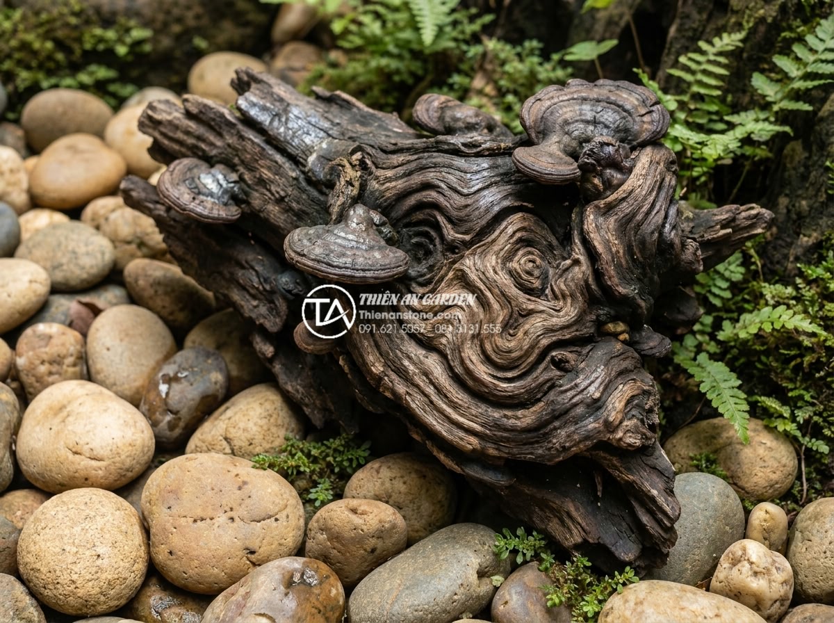 Gỗ lũa Linh Chi là gì? Ứng dụng trong tiểu cảnh đá mỹ nghệ - Detailed macro photograph highlighting the unique twisted texture, natural grain