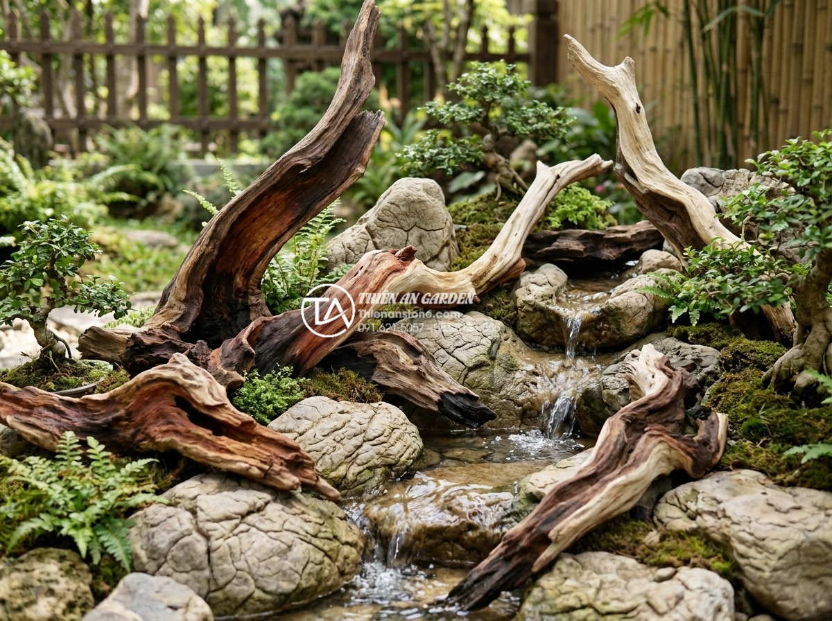 Gỗ lũa Linh Chi là gì? Ứng dụng trong tiểu cảnh đá mỹ nghệ - Artistic composition showing multiple pieces of Linh Chi driftwood with varying 