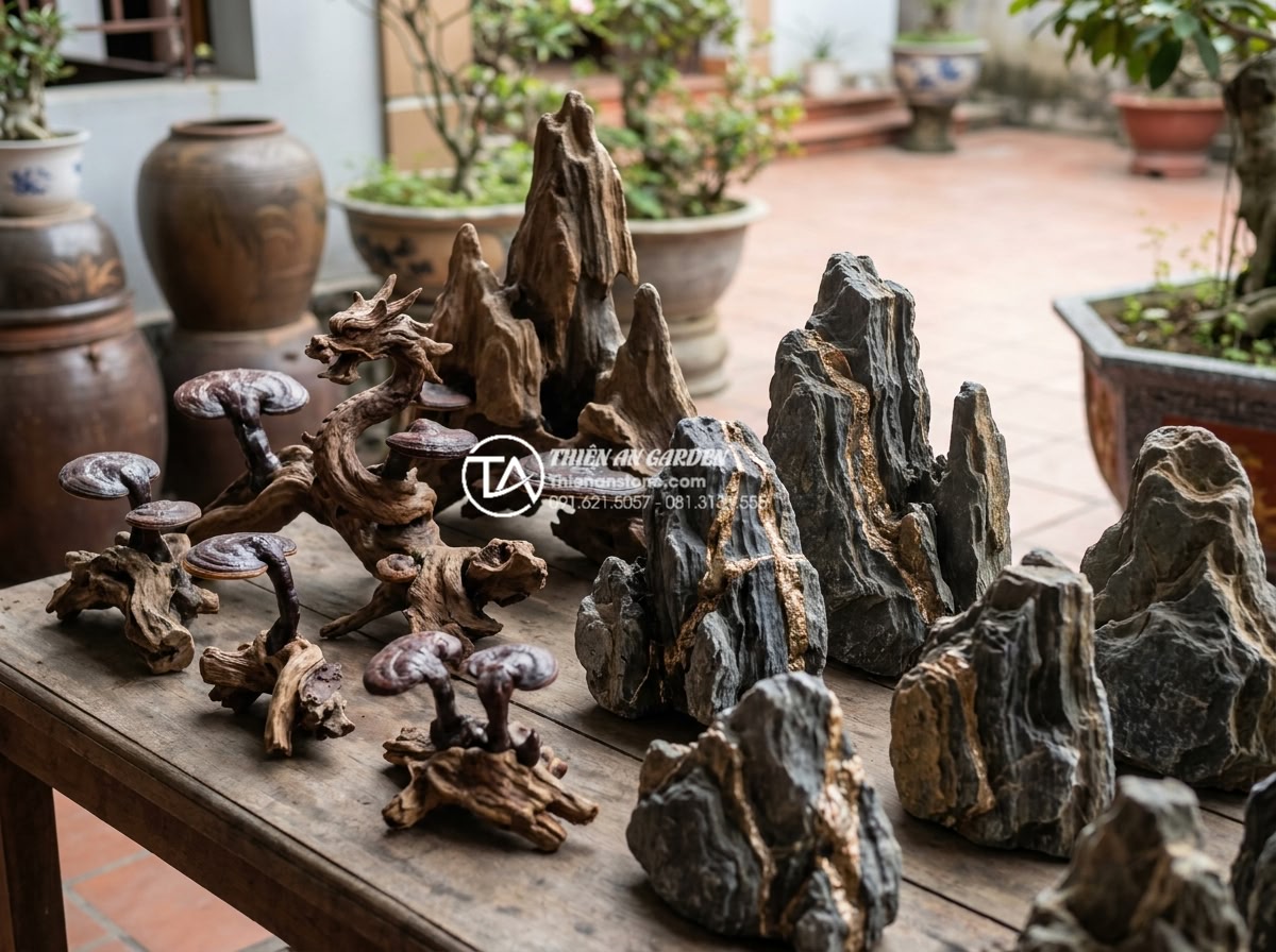 Gỗ lũa Linh Chi là gì? Ứng dụng trong tiểu cảnh đá mỹ nghệ - Variety display of different classified Linh Chi driftwood types including small