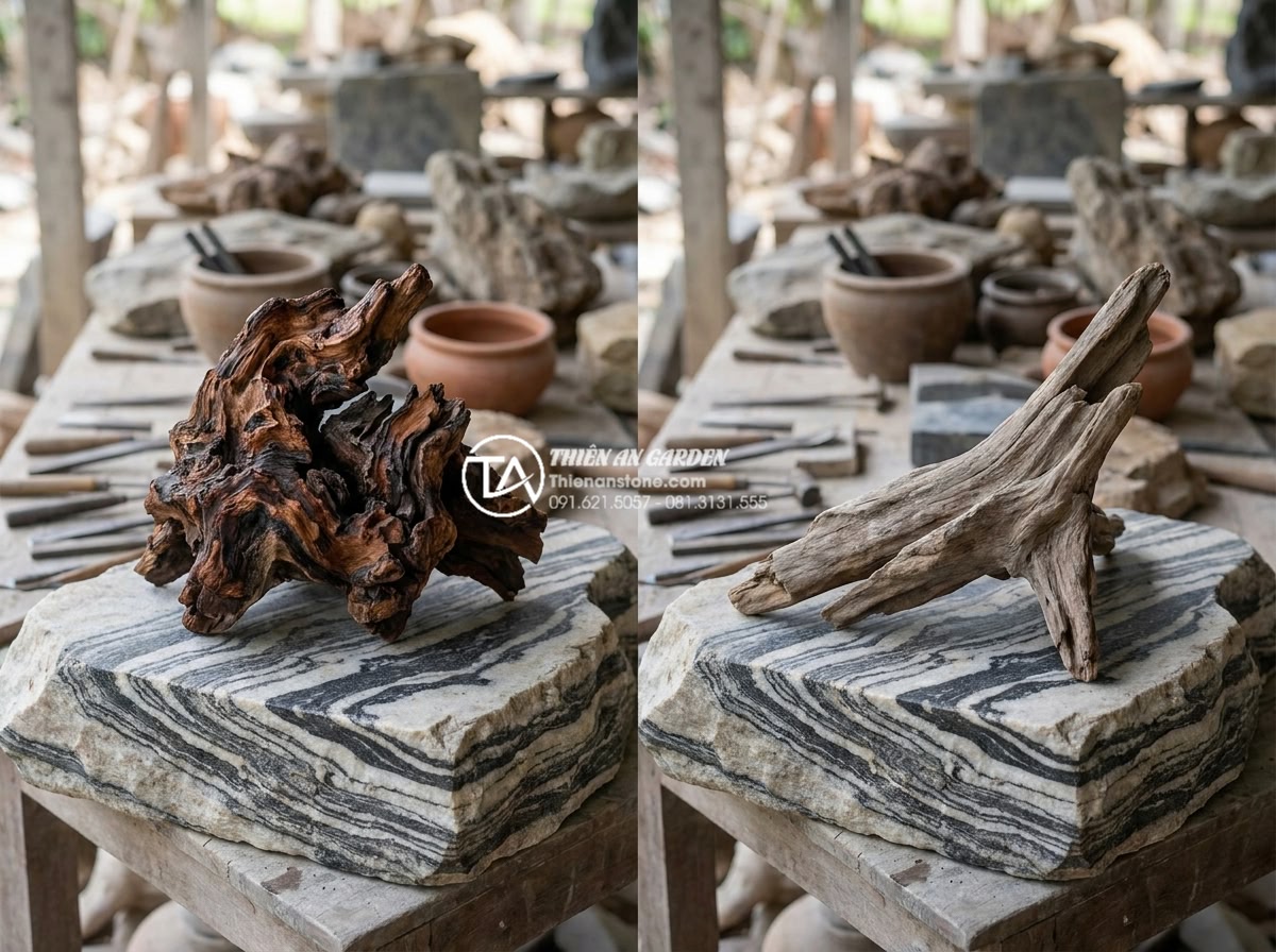Gỗ lũa Linh Chi là gì? Ứng dụng trong tiểu cảnh đá mỹ nghệ - Side-by-side comparison photo of Linh Chi driftwood versus regular driftwood, hi