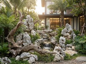 Hồ sơ năng lực: Case study dự án tiểu cảnh gỗ lũa tại Vinhomes - Peaceful early morning scene in the Vinhomes driftwood garden with soft mist, su