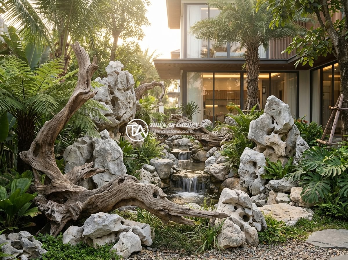Hồ sơ năng lực: Case study dự án tiểu cảnh gỗ lũa tại Vinhomes - Professional wide-angle photograph of a luxury Vinhomes villa garden featuring m