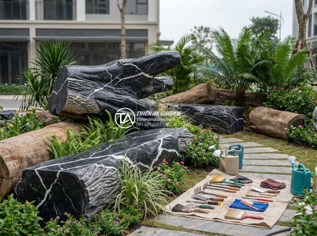 Hồ sơ năng lực: Case study dự án tiểu cảnh gỗ lũa tại Vinhomes - Final installation phase image of the Vinhomes driftwood garden with team perfor