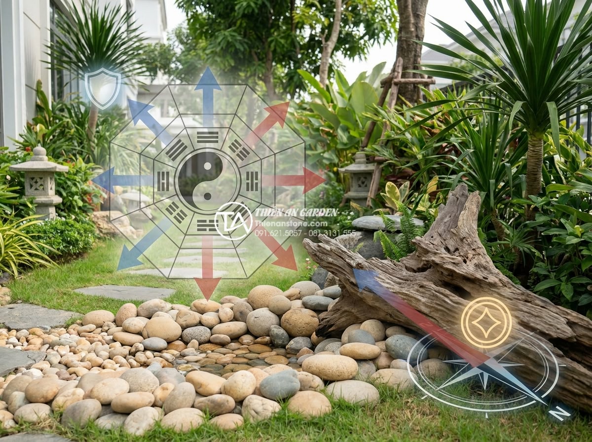 Hồ sơ năng lực: Case study dự án tiểu cảnh gỗ lũa tại Vinhomes - Feng shui diagram overlay on the Vinhomes garden photo illustrating energy flow 