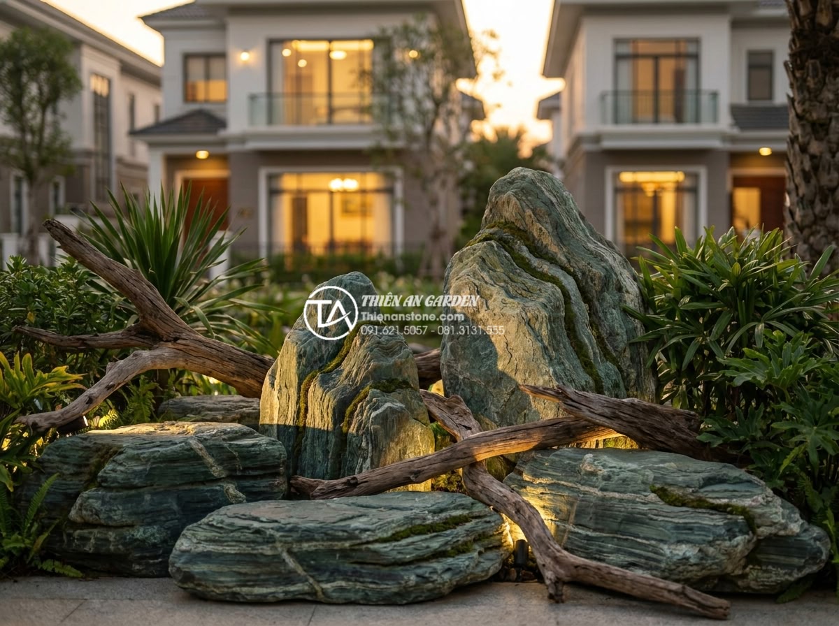 Hồ sơ năng lực: Case study dự án tiểu cảnh gỗ lũa tại Vinhomes - Sunset view of the Vinhomes driftwood garden installation with warm golden light