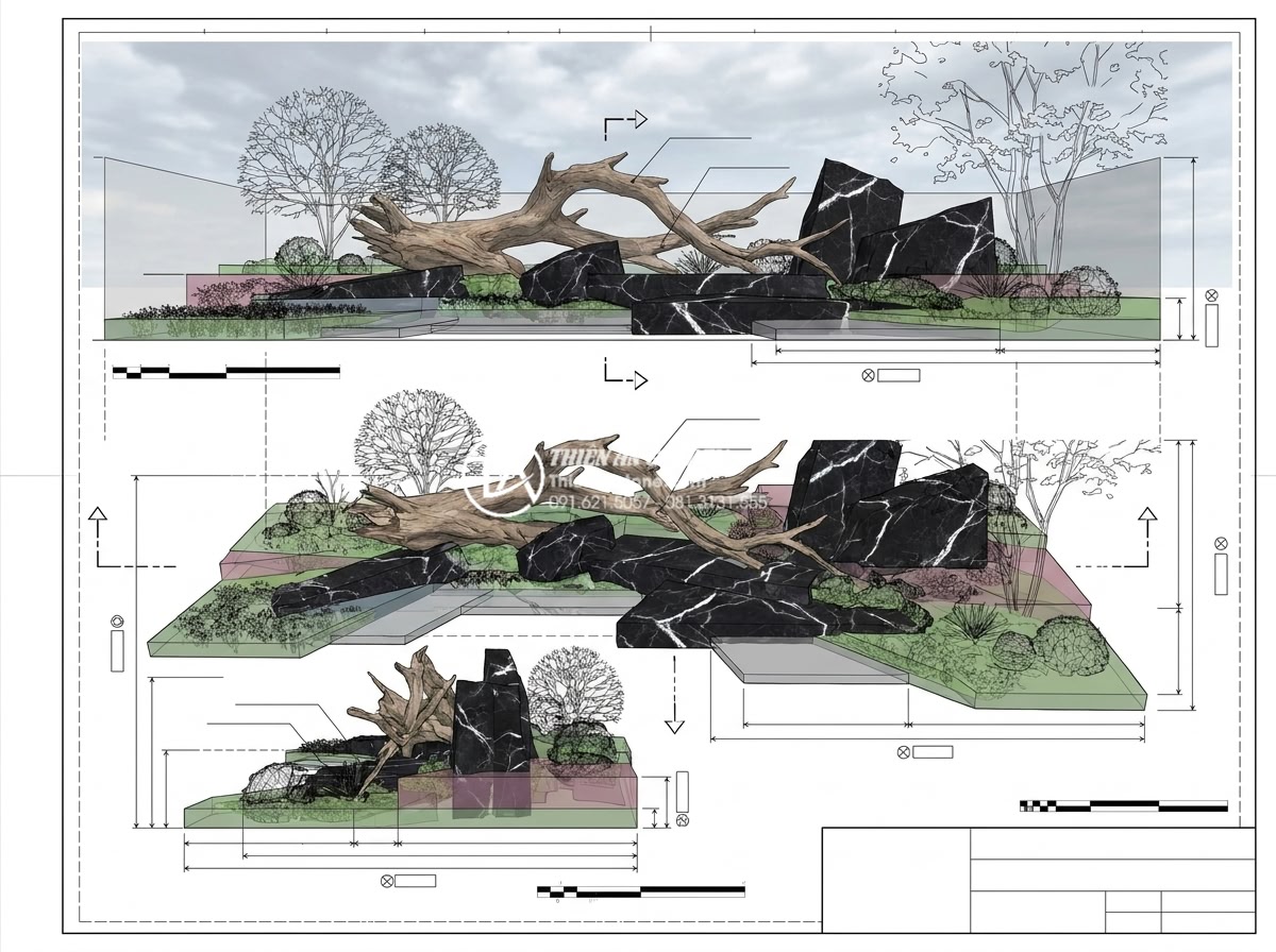 Hồ sơ năng lực: Case study dự án tiểu cảnh gỗ lũa tại Vinhomes - Technical 3D rendering visualization of the Vinhomes driftwood and natural stone