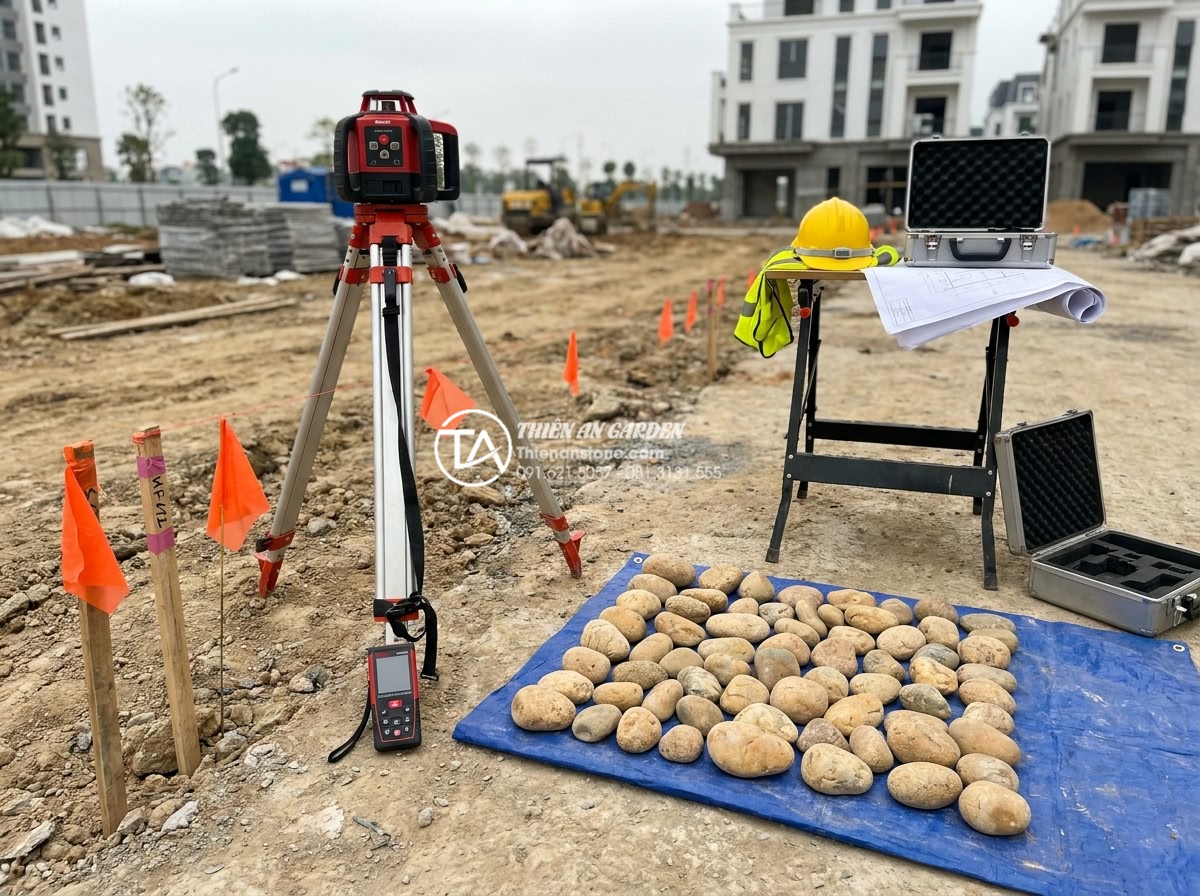 Hồ sơ năng lực: Case study dự án tiểu cảnh gỗ lũa tại Vinhomes - On-site progress photo during the initial survey phase at Vinhomes showing the t