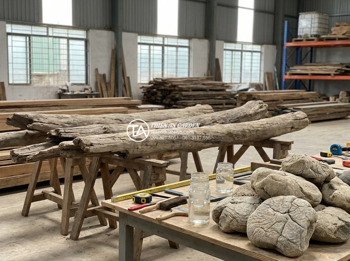 Hồ sơ năng lực: Case study dự án tiểu cảnh gỗ lũa tại Vinhomes - Warehouse interior shot of premium quality driftwood logs being carefully select