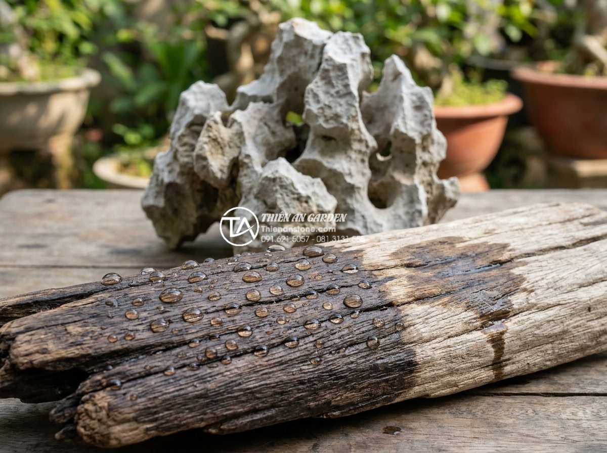 Hồ sơ năng lực: Case study dự án tiểu cảnh gỗ lũa tại Vinhomes - Close-up of treated driftwood surface after nano coating process for the Vinhome