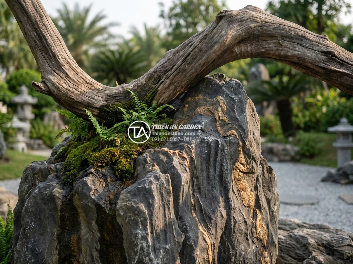 Hồ sơ năng lực: Case study dự án tiểu cảnh gỗ lũa tại Vinhomes - Artistic composition of natural stone and driftwood elements in the Vinhomes gar