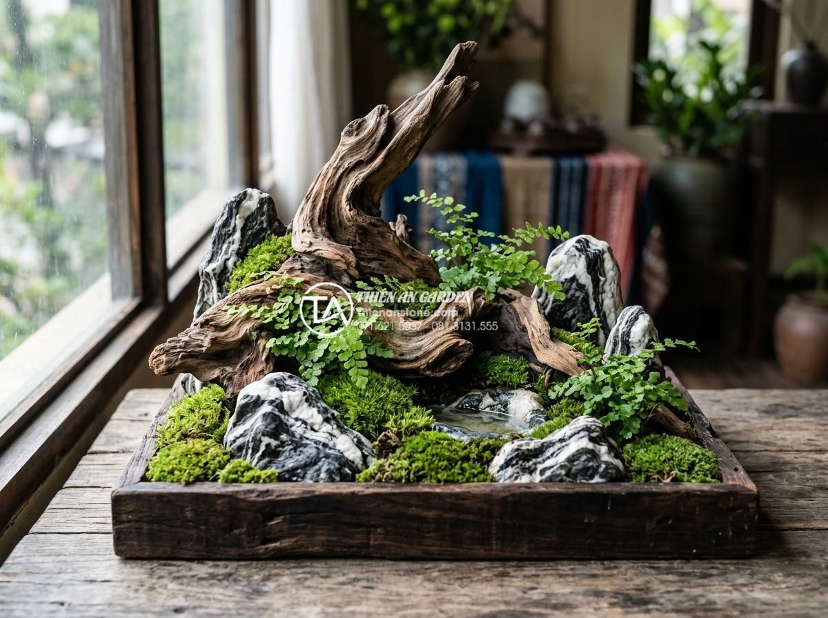 Hướng dẫn cách làm tiểu cảnh gỗ lũa mini chi tiết cho người mới - Professional high-resolution photograph of an elegant mini driftwood landscape f