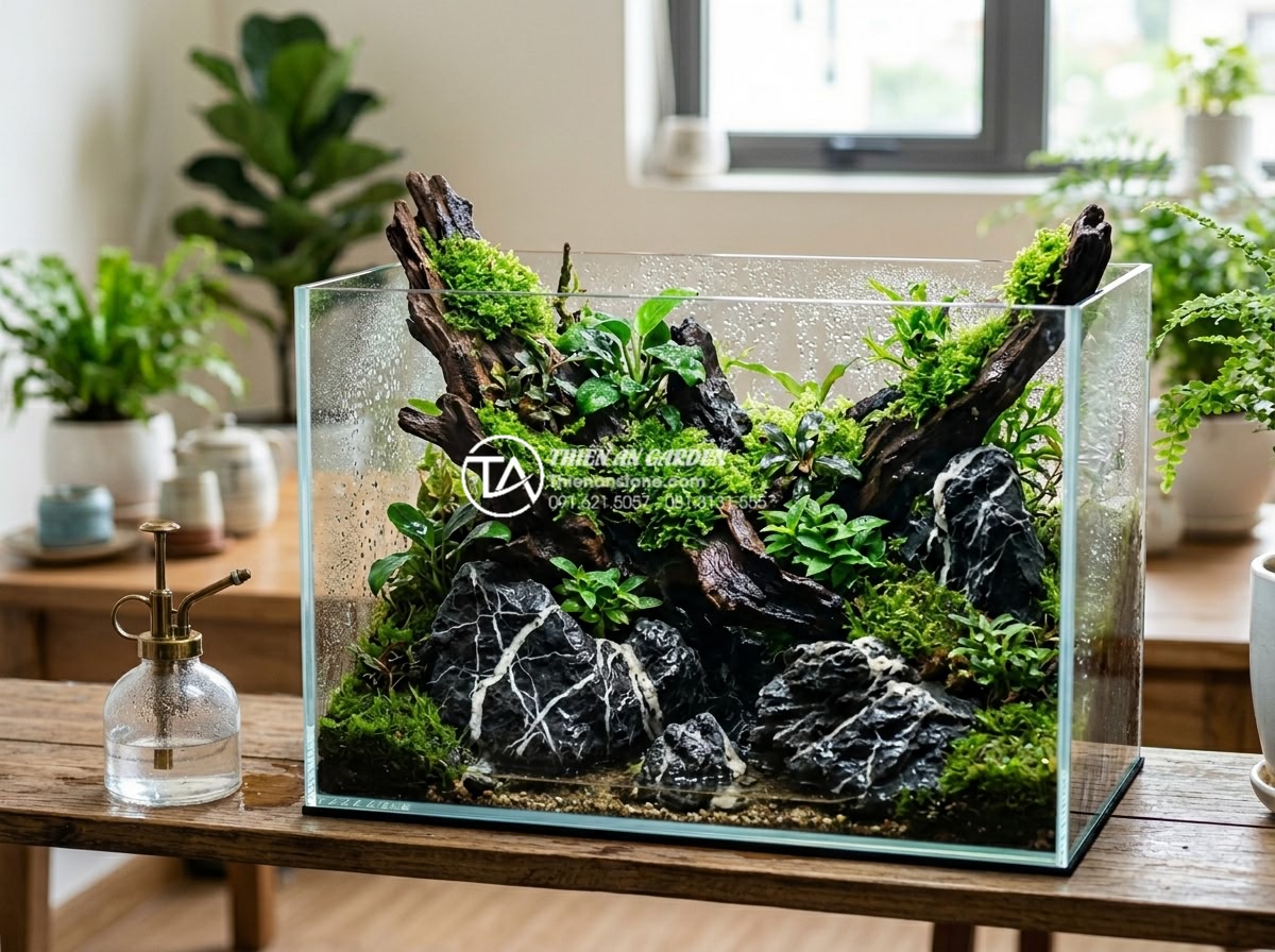 Hướng dẫn cách làm tiểu cảnh gỗ lũa mini chi tiết cho người mới - Well-maintained mini driftwood landscape after several months showing healthy mo