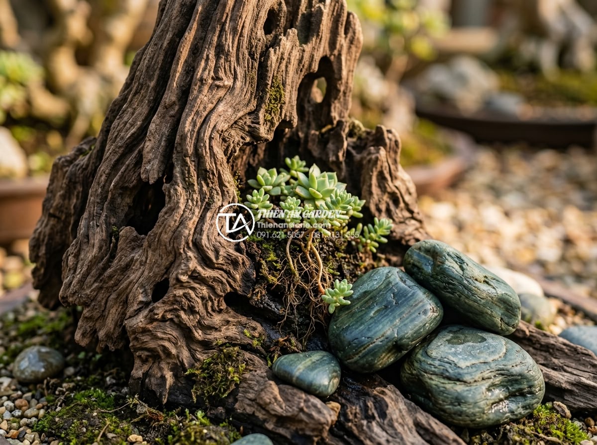Hướng dẫn cách làm tiểu cảnh gỗ lũa mini chi tiết cho người mới - Close-up macro shot of beautiful mini driftwood (gỗ lũa) texture showing deep gr