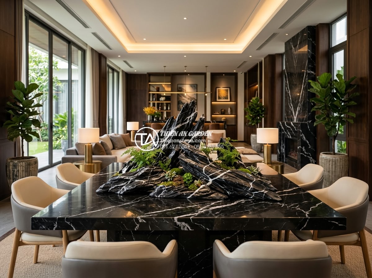 Hướng dẫn cách làm tiểu cảnh gỗ lũa mini chi tiết cho người mới - Wide angle view of luxurious indoor setting with a large mini driftwood landscap