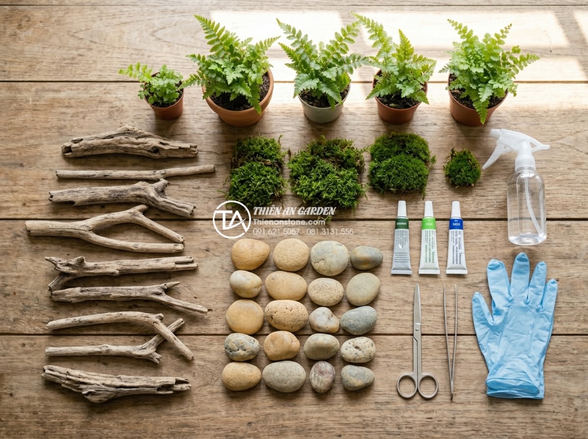 Hướng dẫn cách làm tiểu cảnh gỗ lũa mini chi tiết cho người mới - Organized flat lay of all materials and tools needed for creating a mini driftwo