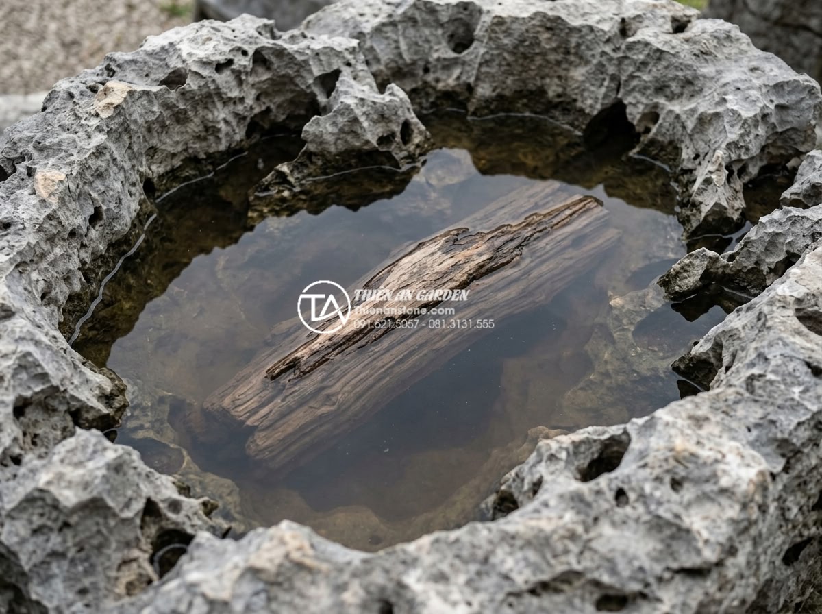 Hướng dẫn cách làm tiểu cảnh gỗ lũa mini chi tiết cho người mới - Step-by-step visual guide showing driftwood being soaked in large basin, brushed