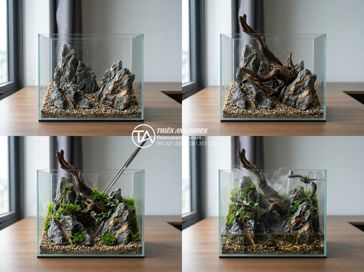 Hướng dẫn cách làm tiểu cảnh gỗ lũa mini chi tiết cho người mới - Time-lapse style sequence of assembling a mini driftwood landscape: placing larg