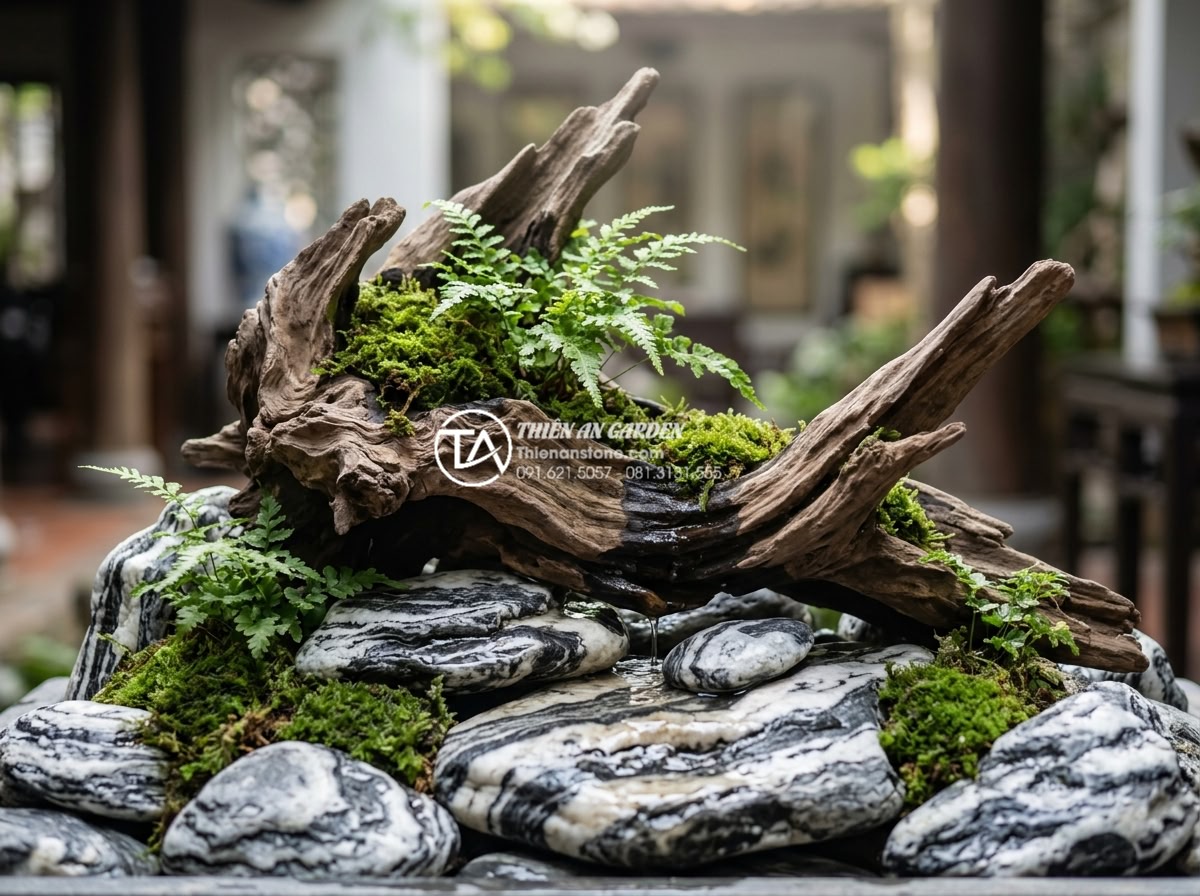 Hướng dẫn cách làm tiểu cảnh gỗ lũa mini chi tiết cho người mới - Beautifully balanced mini driftwood scene with natural Vietnamese stones in warm
