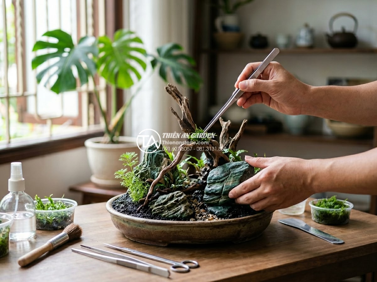 Hướng dẫn cách làm tiểu cảnh gỗ lũa mini chi tiết cho người mới - Person carefully setting up a mini driftwood landscape on a home table, hands pl