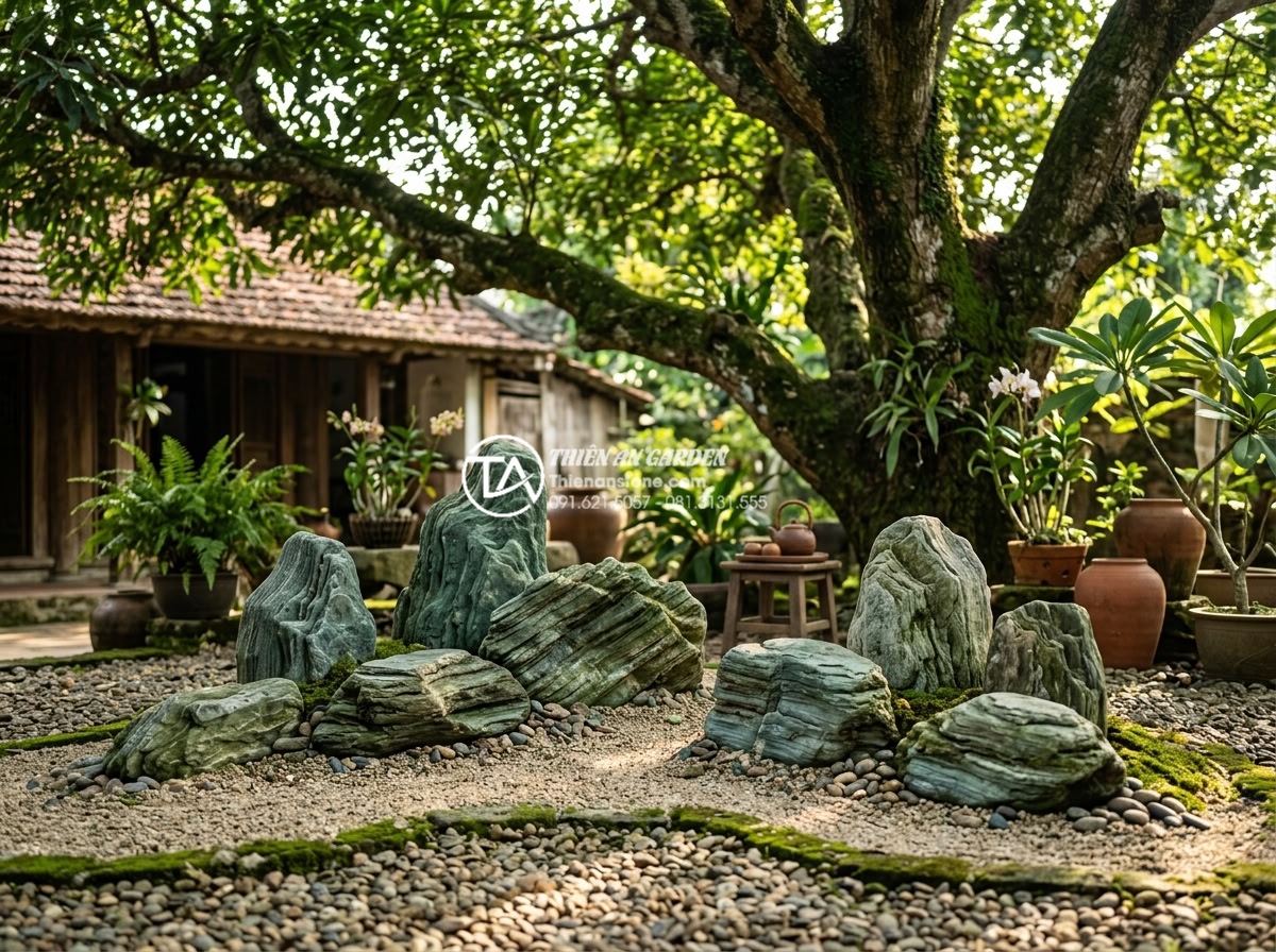 Hướng dẫn tự làm tiểu cảnh khô dưới gốc cây tiết kiệm chi phí - Realistic high-resolution photograph of a dry stone garden under a large ancient