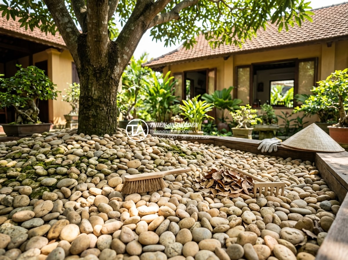 Hướng dẫn tự làm tiểu cảnh khô dưới gốc cây tiết kiệm chi phí - Realistic maintenance scene of a dry stone garden under a tree, person gently cl
