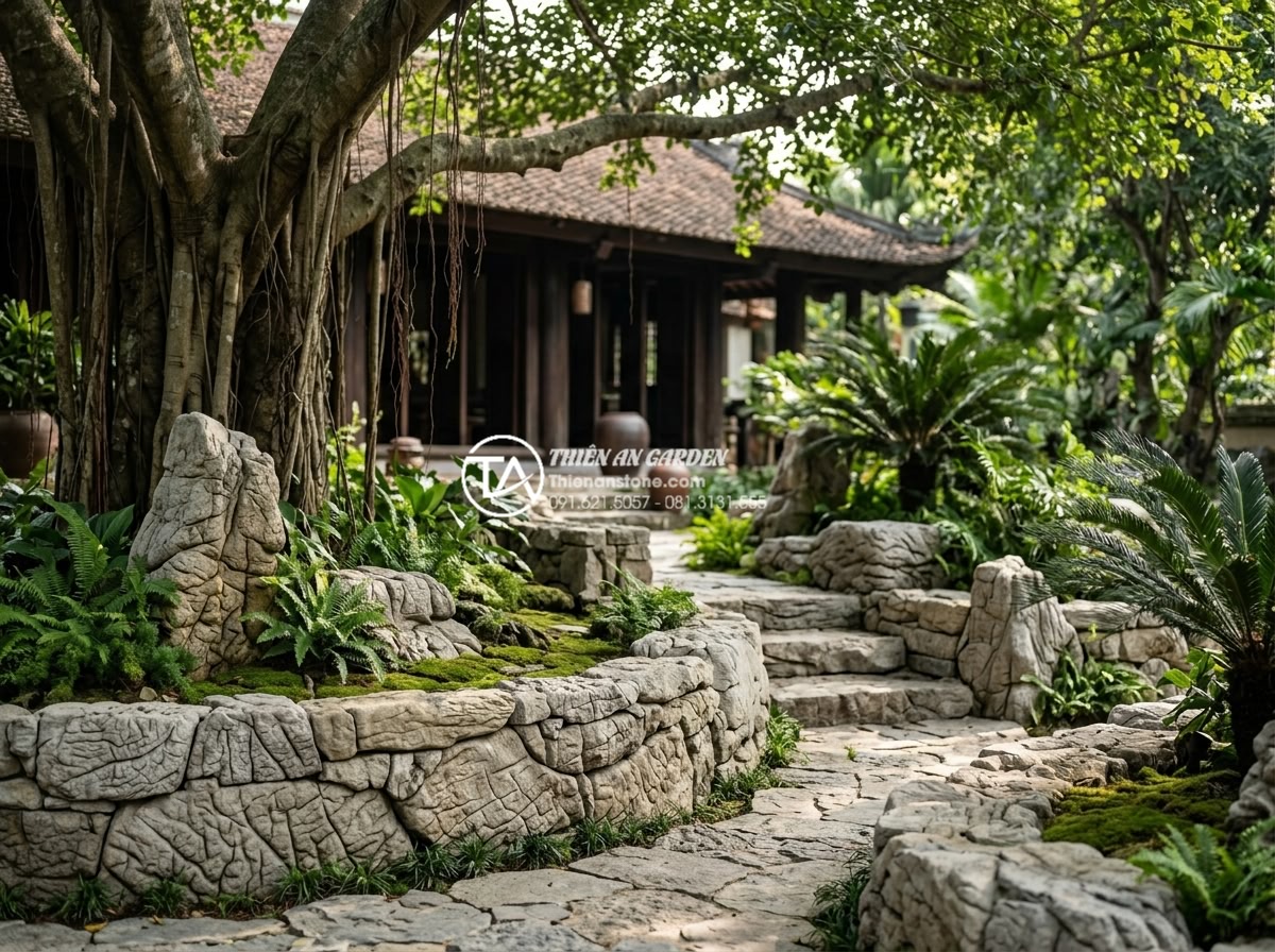 Hướng dẫn tự làm tiểu cảnh khô dưới gốc cây tiết kiệm chi phí - Professional portrait of a completed luxurious dry stone garden under a large tr