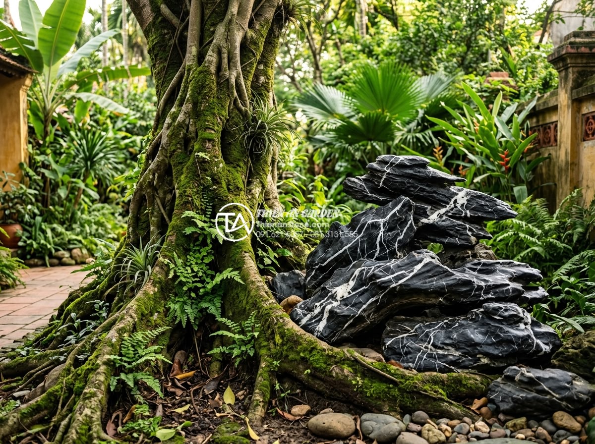 Hướng dẫn tự làm tiểu cảnh khô dưới gốc cây tiết kiệm chi phí - Professional landscape photo showing the contrast between a dry stone arrangemen