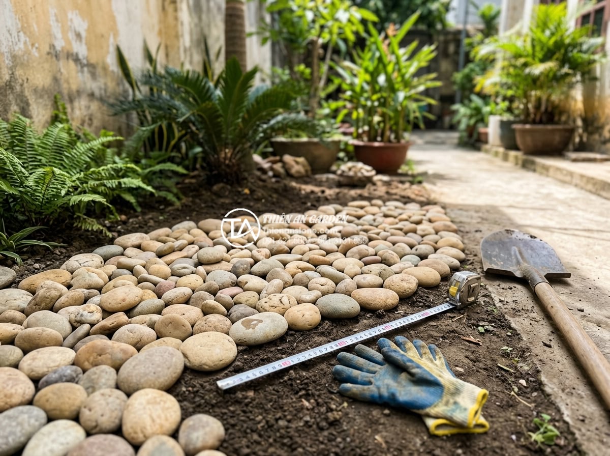 Hướng dẫn tự làm tiểu cảnh khô dưới gốc cây tiết kiệm chi phí - Detailed realistic image of various natural stones and gravel materials neatly a