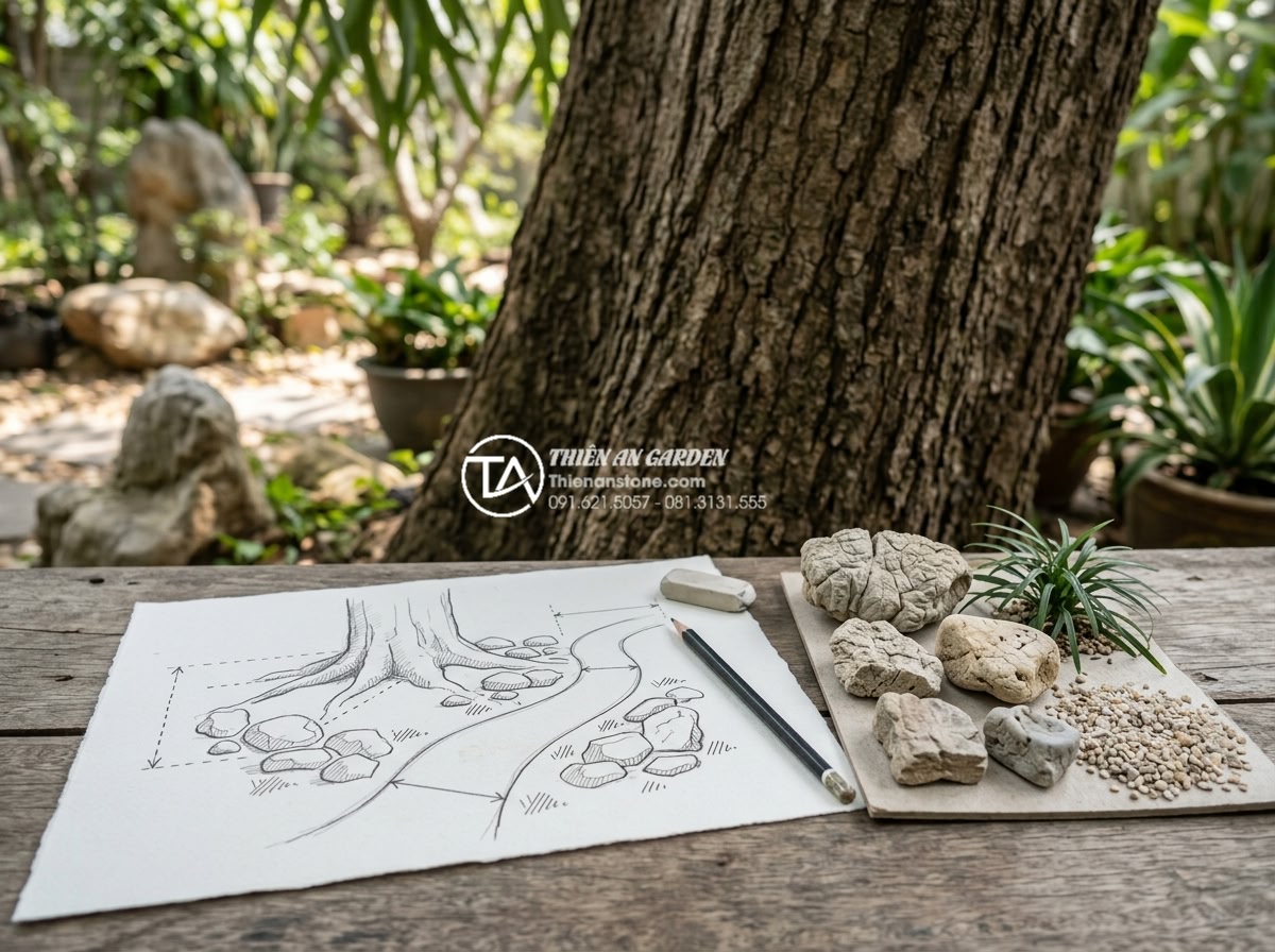 Hướng dẫn tự làm tiểu cảnh khô dưới gốc cây tiết kiệm chi phí - High detail realistic photo of a person sketching a dry garden design on paper n