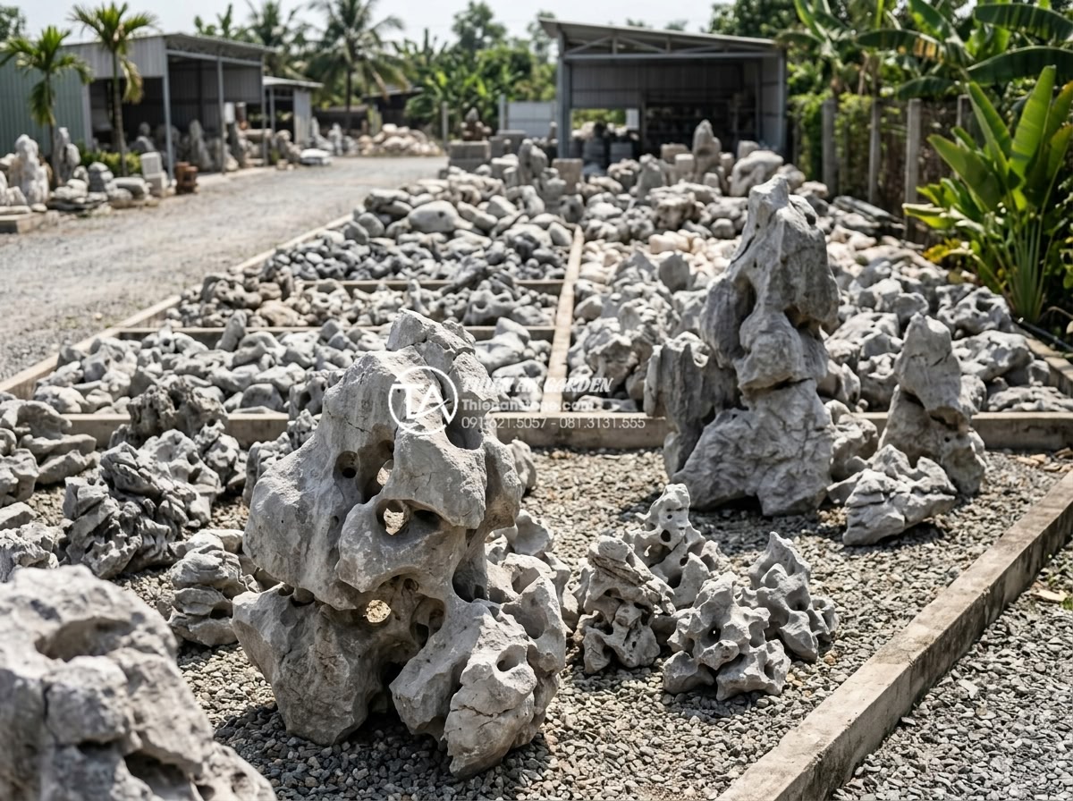 Hướng dẫn tự làm tiểu cảnh khô dưới gốc cây tiết kiệm chi phí - Realistic photograph of high-quality natural stone materials displayed at a ston