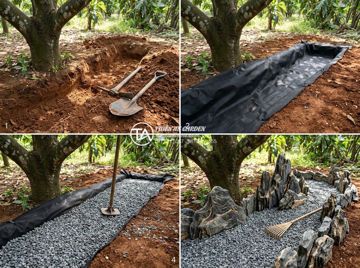 Hướng dẫn tự làm tiểu cảnh khô dưới gốc cây tiết kiệm chi phí - Step-by-step realistic construction photo of preparing the base for a dry stone 