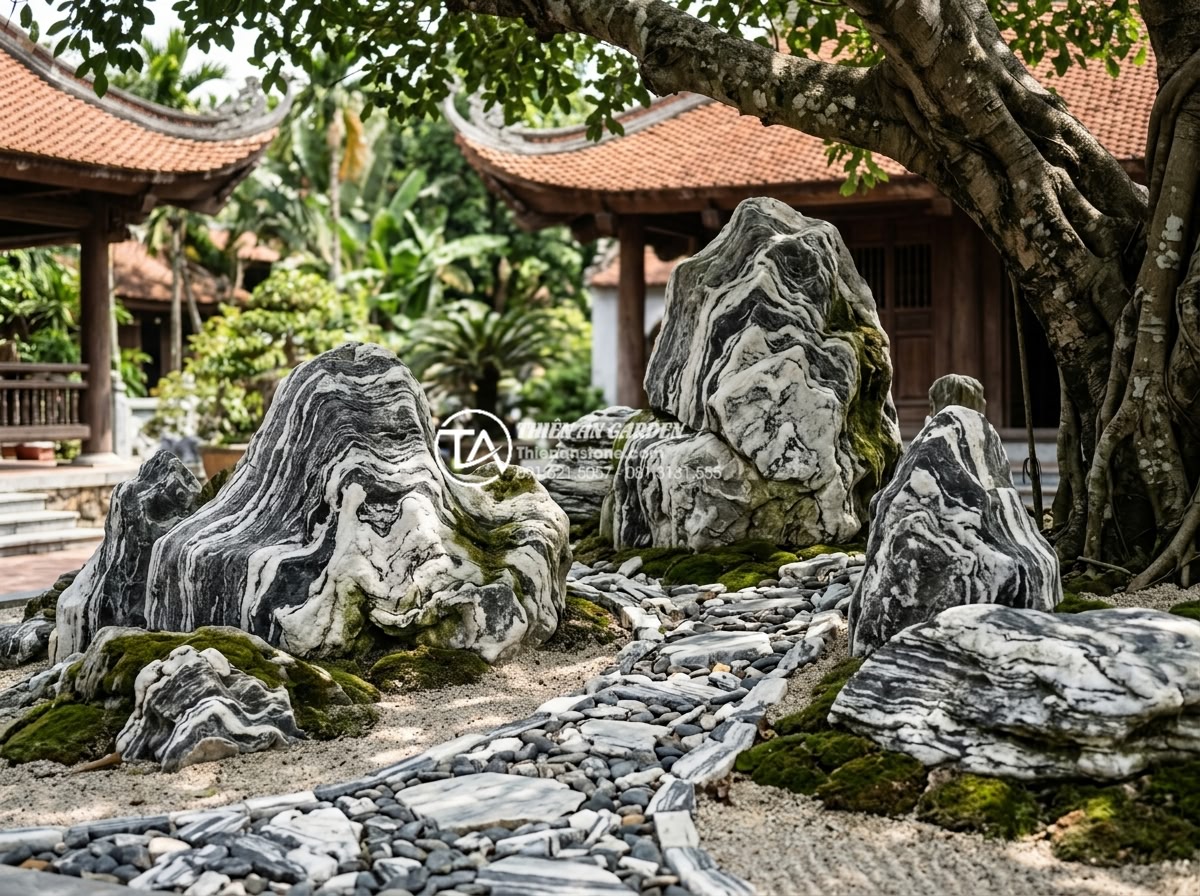 Hướng dẫn tự làm tiểu cảnh khô dưới gốc cây tiết kiệm chi phí - Artistic high-resolution photograph of beautifully arranged natural stones in a 