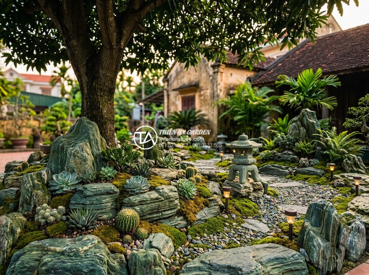 Hướng dẫn tự làm tiểu cảnh khô dưới gốc cây tiết kiệm chi phí - Realistic photo of a completed dry stone garden under a tree with carefully plac