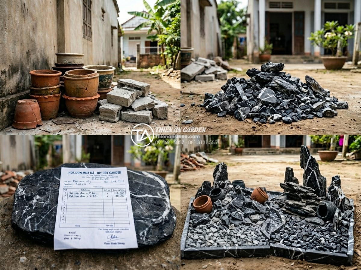 Hướng dẫn tự làm tiểu cảnh khô dưới gốc cây tiết kiệm chi phí - Informative realistic image showing cost-saving tips for DIY dry garden: recycle