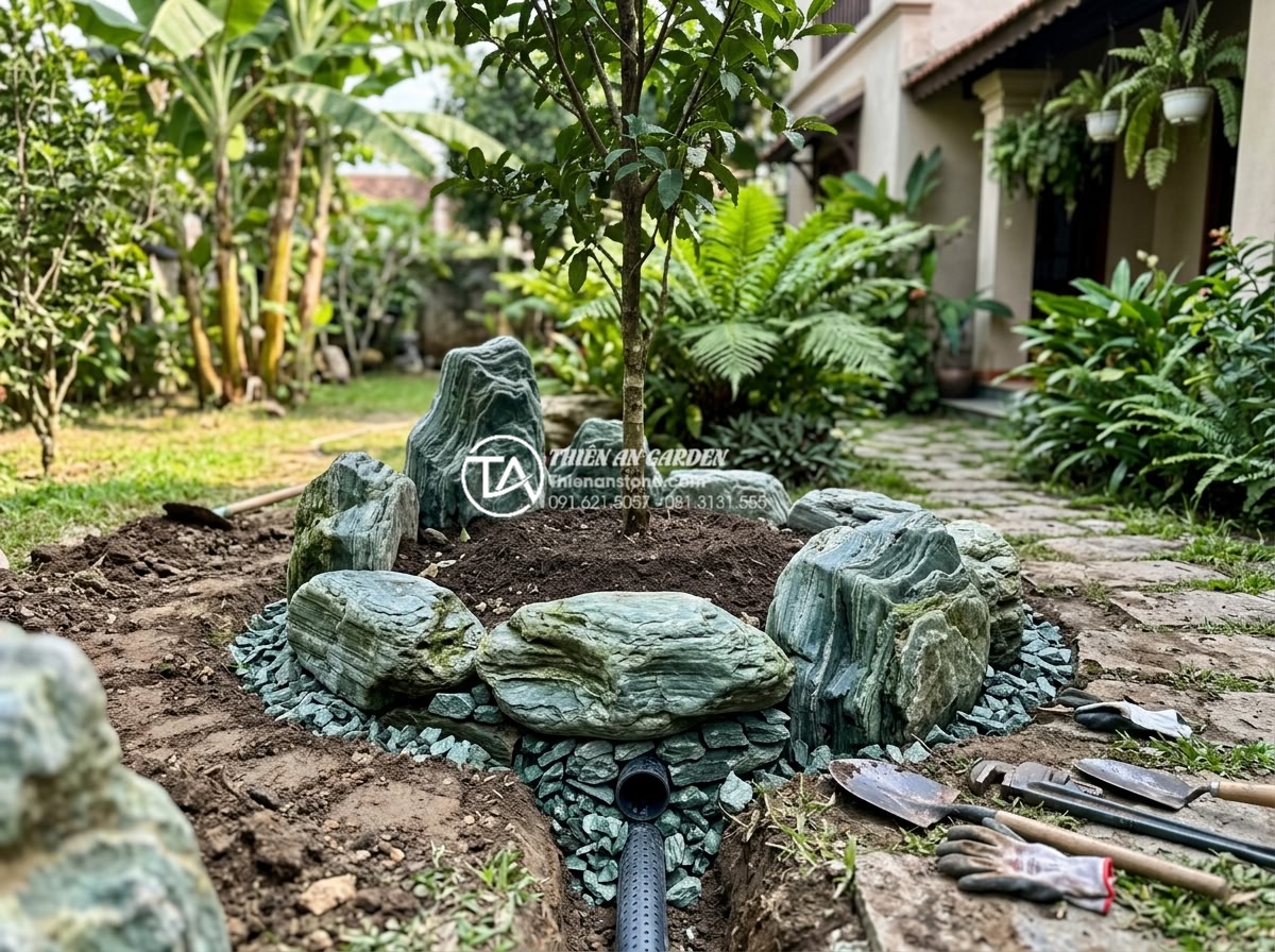 Hướng dẫn xử lý hệ thống thoát nước cho tiểu cảnh bồn gốc cây - Hình 10 Hướng dẫn xử lý hệ thống thoát nước cho tiểu cảnh bồn gốc cây - Professional workers building drainage-enabled tree basin using natural stones a