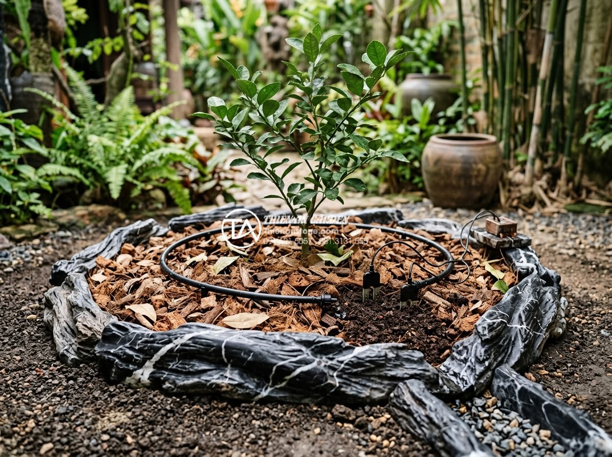 Hướng dẫn xử lý hệ thống thoát nước cho tiểu cảnh bồn gốc cây - Hình 11 Hướng dẫn xử lý hệ thống thoát nước cho tiểu cảnh bồn gốc cây - Advanced anti-waterlogging solutions including drip irrigation, moisture sensors