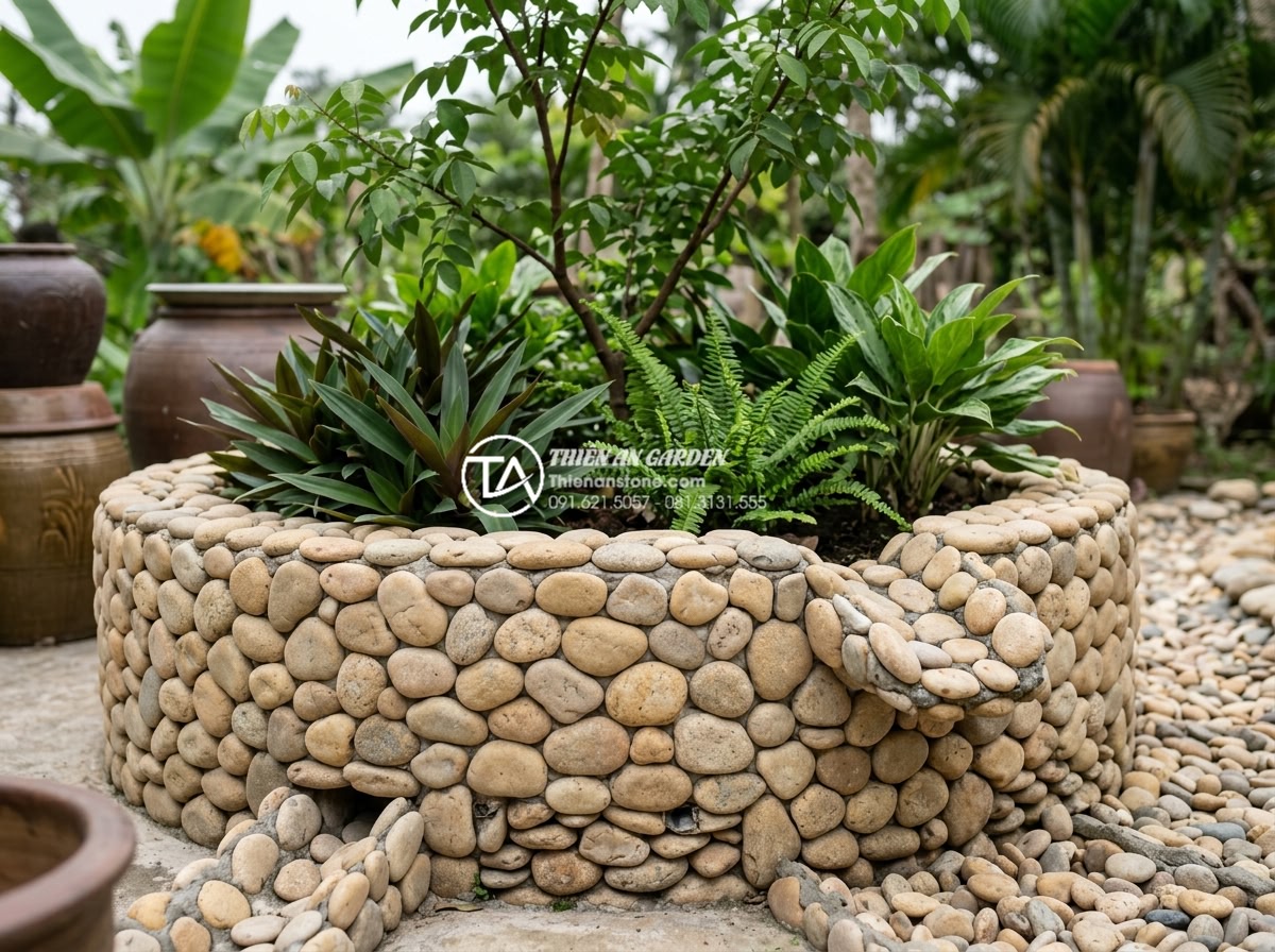 Hướng dẫn xử lý hệ thống thoát nước cho tiểu cảnh bồn gốc cây - Hình 12 Hướng dẫn xử lý hệ thống thoát nước cho tiểu cảnh bồn gốc cây - Healthy vibrant plants thriving in stone tree basin with multiple anti-flooding